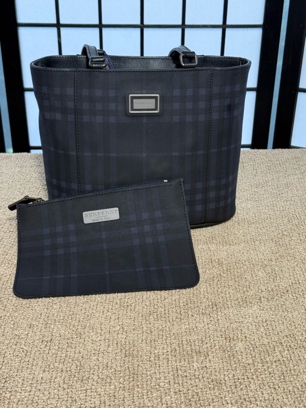 Burberry Black Check Messenger Tote with Zip Pouch